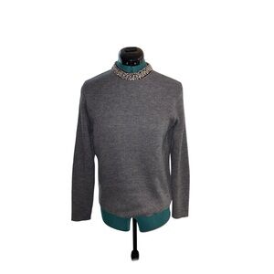 DREW Charcoal Crewneck Sweater with Embellished Neckline